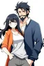 Placeholder: Anime man with beard, handsome and happy. Standing with Beautiful anime woman with black hair