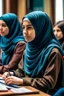 Placeholder: Female students wearing hijab sit in a class while the teacher gives a lecture