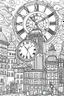 Placeholder: HAPPY NEW YEAR coloring page for kids, Clock striking 12 AM in a vibrant cityscape, thick outline, low details, no shading, no color