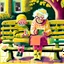 Placeholder: A whimsical painting of an 80-year-old grandmother knitting a yellow sweater on a bench in the boulevard, while next to her on the bench is a 5-year-old little girl knitting a small pink sweater, the grandmother with wild ginger hair and large green glasses, wearing a cozy mustard sweater and striped yellow tights. She sits on a bright yellow green bench, intently focused on her knitting needles and yarn. From around on the bench and on the floor, balls of yarn, a knitting basket and needles sur