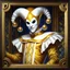 Placeholder: fantasy 90's tcg art of a male jester wearing a white mask and golden costume in mosaic room