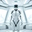 Placeholder: Hyper realistic glossy cyborg cybernetic pilot inside a white and grey futuristic spaceship surrounded by white glossy minimalist walls control panels in the white background in the style of Laura Greenan, white color scheme in the style of 3D, octane render, 8k, ray-tracing, blender, hyper-detailed