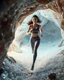 Placeholder: make a video pretty crystal cave covered with jwelary and 3d recursive cubic and sphere base pearls and a beautiful fashion model lady with cute,curvy hair,makeup, in pretty sports suit is running inside cave ,dynamic camera fallow her inside cave capturing full body, dynamic lights.