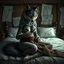 Placeholder: with wolf furry on her full body an anthropomorphic wolf woman hybrid sitting in the middle of a bed with a sewing needle and thread in her paw sewing a wide material belt, around her in the background are some paper with sketchy line kind drawings from monster on the walls of the wooden house, high realistic, detailed, cinematic, sci-fi, digital art, dark fantasy mood