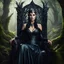 Placeholder: Morena Baccarin as a beautiful sexy dark elf queen seated elegantly on a throne in a mystical forest, dark celtic vignette frame, photo-realistic, cinematic lighting, award-winning photography