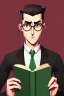 Placeholder: Fit man in round glasses with bookshelf in background,no beard, reading book, slim, tie, monotone, green eyes, comic book style, two tone colours, detailed, ink, realistic, handsome, square jaw, big brows, no jacket, bird on the shoulder, spotlight