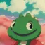 Placeholder: A green frog smiling with a big light blue hat on, wearing blue work overalls, skipping and dancing around. Bokeh, fisheye, haze, mist, clouds, sparkle, twinkle.