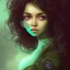 Placeholder: alien girl, cute, beautiful, long hair, curly hair, black hair, slim body, brown eyes, big eyes, green skin, turquoise dress, head and shoulders portrait, fantasy, 8k resolution concept art portrait by Greg Rutkowski, Artgerm, WLOP, Alphonse Mucha dynamic lighting hyperdetailed intricately detailed