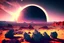 Placeholder: one distant exoplanet in the horizon, rocks, vegetation, epic vision, photo