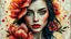 Placeholder: Mixed Media, Impasto, Cracked, Layered, Distressed Vignette, Collage, Impasto, Highly Rough Textured, Dimensional, Very Rough Paint Brushstrokes, Alcohol Ink, Double Exposure, A WOMAN with a serene expression surrounded by vibrant peony storms and warm golden light, her skin etched with delicate botanical tattoos and her eyes reflecting the iridescent colors of her surroundings, Lens flare, glow, dissolves into digitally created composites of inky turbulent frames that send rusty scarlet petals
