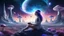 Placeholder: beautiful women sitting without bro meditating on blue, purple mushroom in space, city and space ships of the future at the back ground planets above hyper realistic.