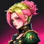 Placeholder: side face,profile picture,2dcg,anime art style,golden and green color,pink princess hair cut ghoul biker lady,pure black color background,gore,violence,Decapitation,dismemberment,disturbing,Monster,guts,morbid,mutilation,sacrifice,butchery,meathooks,no hands,do not draw hands