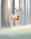 Placeholder: deer with antlers standing sideways, looking at viewer, realistic water color painted, among light colored tall simplified tree trunks, foggy, Easter Spring pastel colors, colorful, dark background