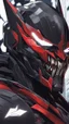 Placeholder: A close picture to Mix between transformers and batman and symbiote venom in solo leveling shadow art style with red details detailsis in fantasy world