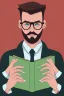 Placeholder: Fit man in round glasses with bookshelf in background, stubble,no beard, reading book, slim, tie, monotone, green eyes, comic book style, two tone colours, detailed, ink, realistic, handsome, square jaw, big brows, no jacket, bird on the shoulder, spotlight