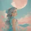 Placeholder: A woman in the sun, in the style of Moebus,, turquoise, Grey, beige, pink, with a little girl