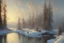 Placeholder: Peder Mork Monsted style, winter, frozen water table, snowy trees, icy water