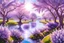 Placeholder: magic park with lilac trees with white or pale purple flowers, parma or blue light effects colors, sun, realistic, beautiful blooming trees in summer, river, flowers, highly detailed, high contrast, 8k, high definition, concept art, sharp focus