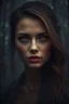 Placeholder: Vintage portrait of a beautiful woman head, sharp glowing eyes, misty forest background, eerie twilight lighting