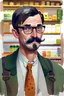 Placeholder: Mustached and bespectacled man clerking in a small rural grocery store in 1920. Watercolor and pen illustration by michal sawtyruk, trend in artstation, long brush strokes.