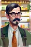 Placeholder: Mustached and bespectacled man clerking in a small rural grocery store in 1920. Watercolor and pen illustration by michal sawtyruk, trend in artstation, long brush strokes.