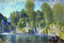 Placeholder: Big epic waterfall, rocks, trees, alfred sisley impressionism painting