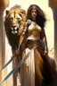 Placeholder: An Arab warrior, a full-body female, whose hair is not visible from the dress, holding a sword, standing next to a powerful lion