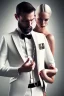 Placeholder: BDSM style, 8K, a Highly detailed portrait of a man holding a submissive woman in the chain, white suit, beard, and short hair