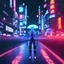 Placeholder: photo of a cyborg in an alternate universe in tokyo; cyberpunk; realistic; rain; neon signs