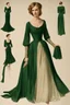 Placeholder: A long, flowing dress in a deep emerald green. The dress would have a high neckline, fitted bodice, and A-line skirt. The sleeves would be sheer and billowy, with delicate embroidery at the cuffs. The dress would be belted at the waist with a gold metallic belt.