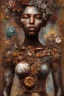 Placeholder: an abstract painting of rusted metal and flowers, heart filled with love African slave lady working so hard, rust, scaffolding, iron cladding, decay, mixed media, textured, anatomically correct, beautiful perfect face, sharp focus, highly detailed