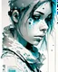 Placeholder: portrait of a tired and sad cyberpunk woman looking in camera, ink line art on used newspaper, tint leak, ((((splash art)))), light weak pastel colors of light baby blue and drab and beige