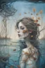 Placeholder: surrealistic painting depicts a woman submerged in water, with only her face visible above the surface. Her hair is dark brown with blonde highlights, and her eyes are a warm brown. Below the waterline, her torso is replaced by a skeletal ribcage entwined with translucent, organic root-like structures and dried leaves, revealing the internal decay beneath the skin. The upper part of the painting features a dilapidated, light-colored building with multiple levels and a dome, seemingly floating on