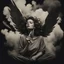 Placeholder: woman sitting forward Her face upward and blows cigarette smoke from their mouth upward. a figure with wings emerging from its back. behind the clouds of smoke look death. dark and mysterious