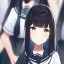 Placeholder: Clear focus,High resolution,8k,High quality, Black short straight hair, medium bangs, and vivrant blue eyes, wearing a sailor uniform, Extreme Close up