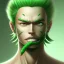 Placeholder: zoro, green hair, chainsawman, animestyle, denji, three chainsaw style, three sword style, majestic, soft pastel colors, soft smooth lighting, intricate detail, closed left eye, three sword, full body, sword in mouth, white skin,