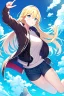 Placeholder: blonde with jacket falls from the sky, sky falling