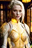 Placeholder: yellow eyes, platinum blonde royal bun style hair, yellow eye, pale skin, curvy Beautiful female, wearing intricate pattern with glowing light engraved armor, form fitting white armored and skirt, glowing armored parts, in homey wood cabin, Photography Art Photoshoot Art Cinematic