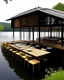 Placeholder: extreme restaurant with modern japanese design, located in a lake, it must make people feel intrigued to go into that restaurant