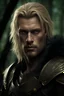 Placeholder: Tall muscular man aged 35 with light shaggy hair which falls around his shoulders, blonde neatly trimmed beard, photorealistic, dark fantasy, forest.