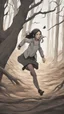 Placeholder: The young woman Lucy, dressed in modern attire, sprints through a barren and devastated forest. The trees are withered, the ground is littered with fallen branches, and an eerie silence hangs in the air.