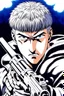 Placeholder: Guts from Berserk front view holds a revolver gun to his head.