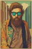 Placeholder: post punk hippie with glasses of colours and poor and short short short and poor hair on the head with receding hairline. Farsightedness glasses with big eyes. Shirt beard in the head. Vintage look and feel like photo style-of the 70s