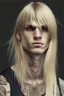 Placeholder: Long blond straight hair with bangs, neck tattoos, blind, man