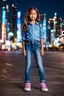 Placeholder: Little 8 years old 1girl wearing a pretty shirt and jean pant, standing pose,modern city ,night view