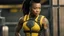 Placeholder: A Sonequa Martin-Green warrior with a machine gun covered by tattoos, 24-years-old her lean muscular frame wrapped in a yellow two pieces tactical bodysuit and a bullet proof vest over her bossom. Her hair is pulled back in a tight ponytail, revealing dark eyes [vintage style noisy scratches glitches, Shot the texture and then rewound the film and double exposed from a 1970 B series movie] she stretches on the balcony of the marble palace of a modern dictator, behind we see the beach and palm tr