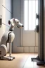 Placeholder: a dog a robot dog and a mouse looking at a closed door from outside of it, realistic