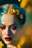 Placeholder: Eva Herzigova Harley Quinn underwater with yellow flowers for hair, closed eyes, rtx, reflection, 8k, glow, winning photography, caustics