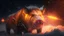 Placeholder: Gorgeous angry yellow sabre tooth pole pig with glowing red eyes in a snow storm at night