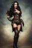 Placeholder: full-height photo of an sci-fi steampunk skinny pin-up woman, with long dark hair